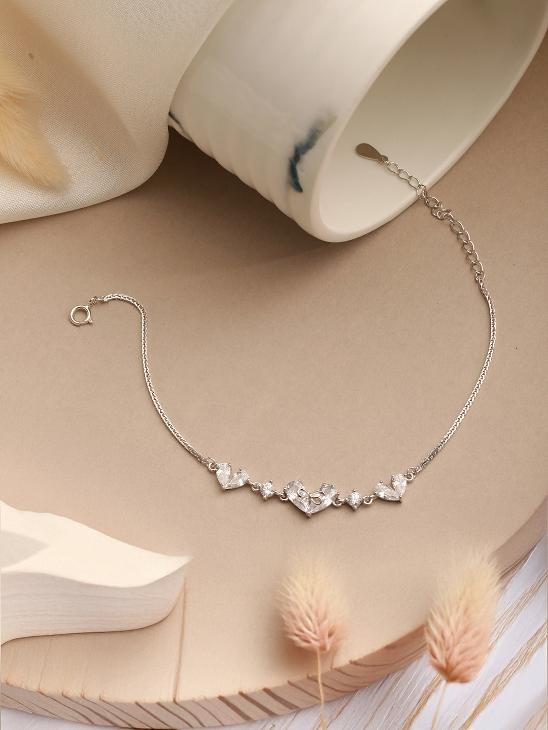 925 Sterling Silver Zircon Studded Heart Shaped Tennis Minimal  Wraparound Bracelet